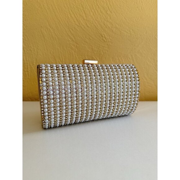 INC Ranndi embellished crystal imitation pearl clutch minaudiere evening bag - Picture 14 of 14